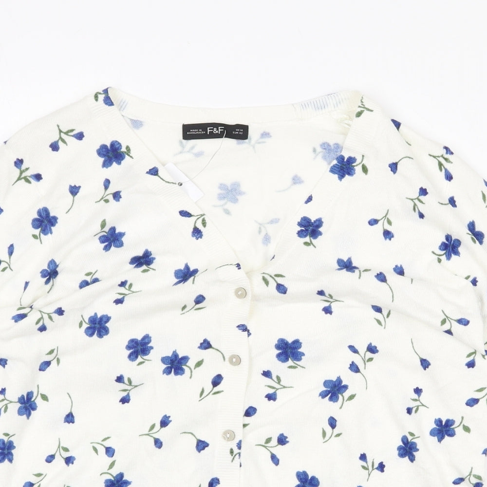 F&F Womens White V-Neck Floral Viscose Cardigan Jumper Size 14