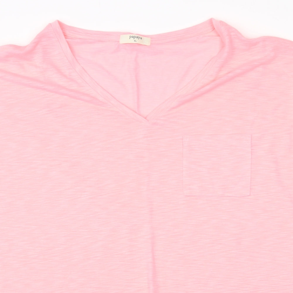 Papaya Womens Pink Polyester Basic T-Shirt Size XL V-Neck