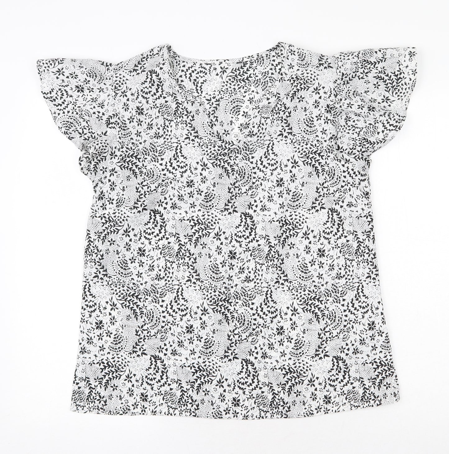 Peacocks Womens White Geometric Polyester Basic T-Shirt Size 10 Round Neck