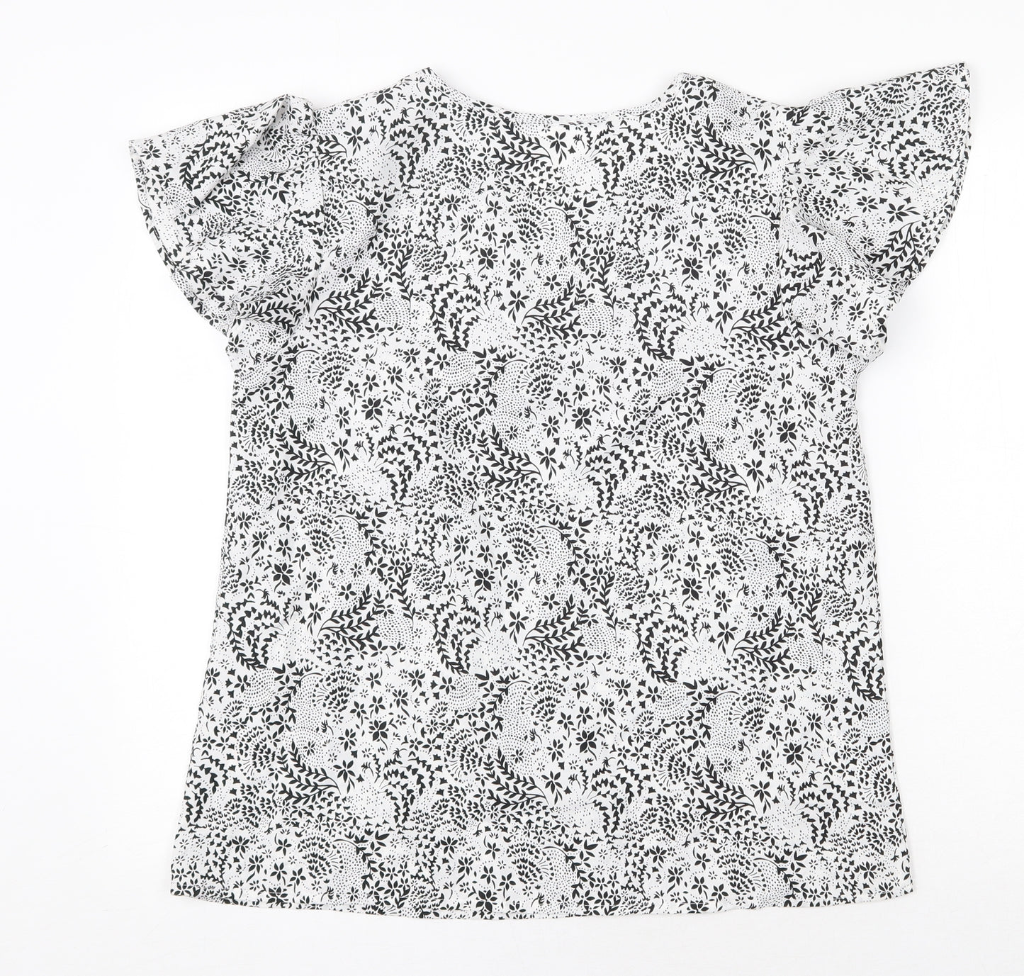 Peacocks Womens White Geometric Polyester Basic T-Shirt Size 10 Round Neck