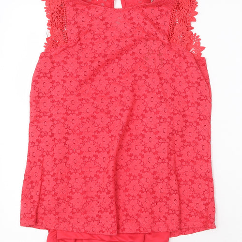 Gallery Womens Red Floral Cotton Basic Blouse Size 10 Round Neck
