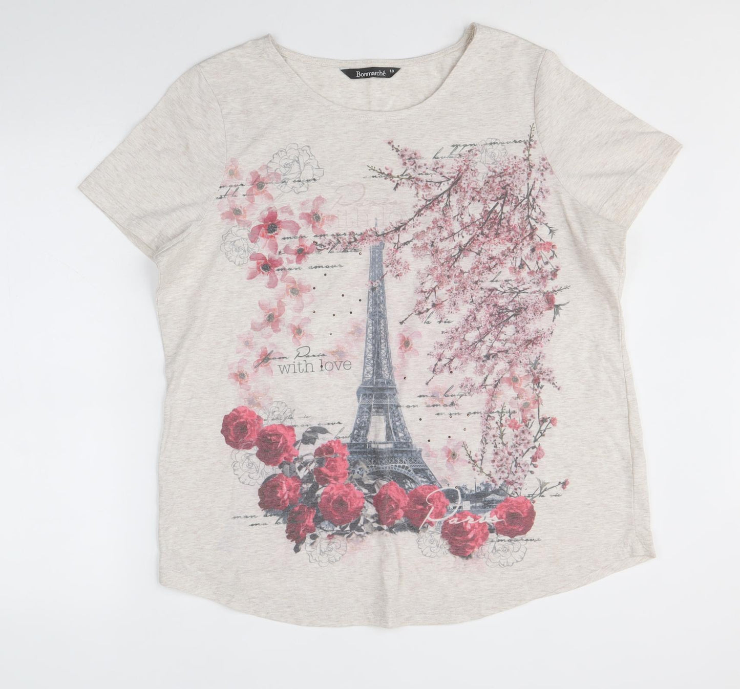 Bonmarché Womens Beige Polyester Basic T-Shirt Size 18 Round Neck - Eiffel Tower Print