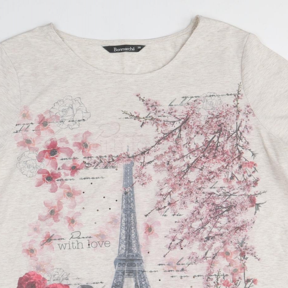 Bonmarché Womens Beige Polyester Basic T-Shirt Size 18 Round Neck - Eiffel Tower Print