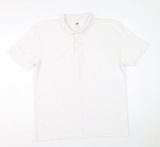 Front view of Fruit of the Loom men’s white polyester polo, size XL, collared button