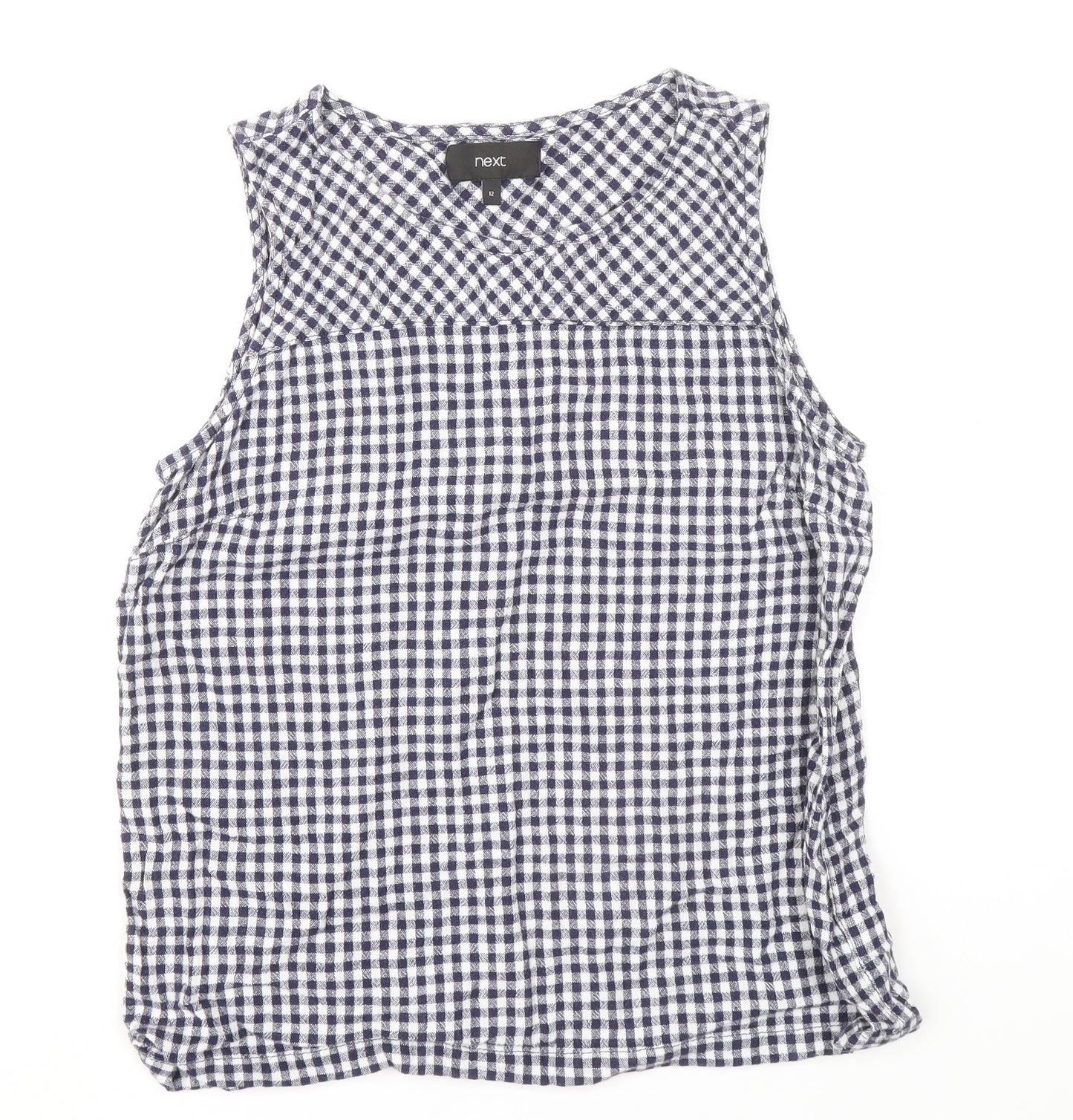 NEXT Womens Blue Check Linen Basic Tank Size 12 Scoop Neck