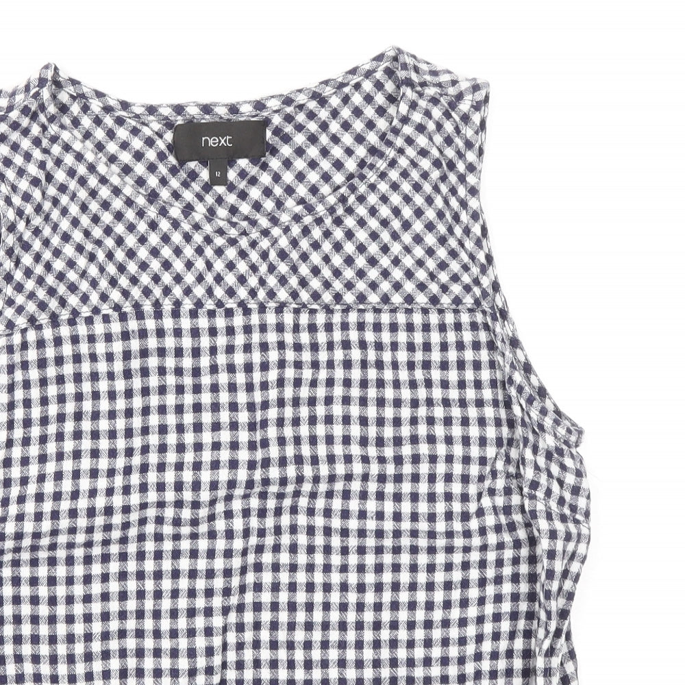 NEXT Womens Blue Check Linen Basic Tank Size 12 Scoop Neck