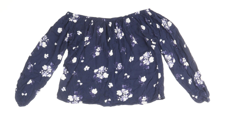 Hollister Womens Blue Floral Viscose Cropped Blouse Size S Off the Shoulder - Bardot