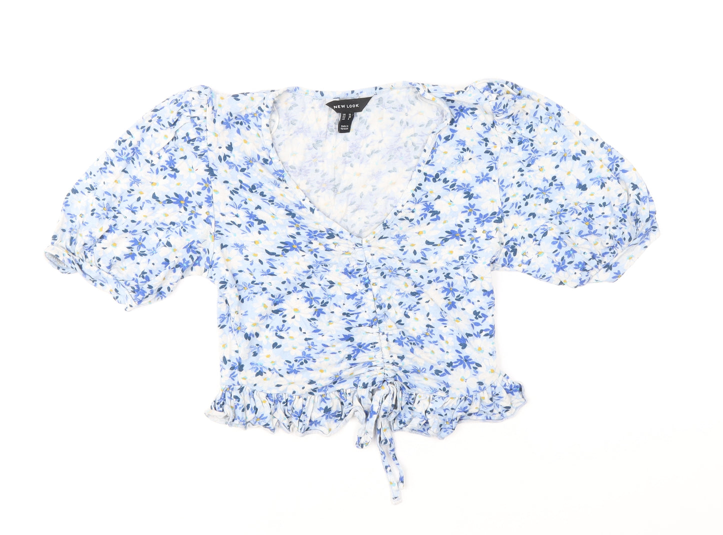 New Look Womens Blue Floral Viscose Cropped Blouse Size 10 V-Neck