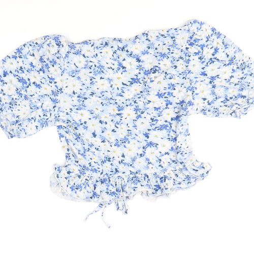 New Look Womens Blue Floral Viscose Cropped Blouse Size 10 V-Neck