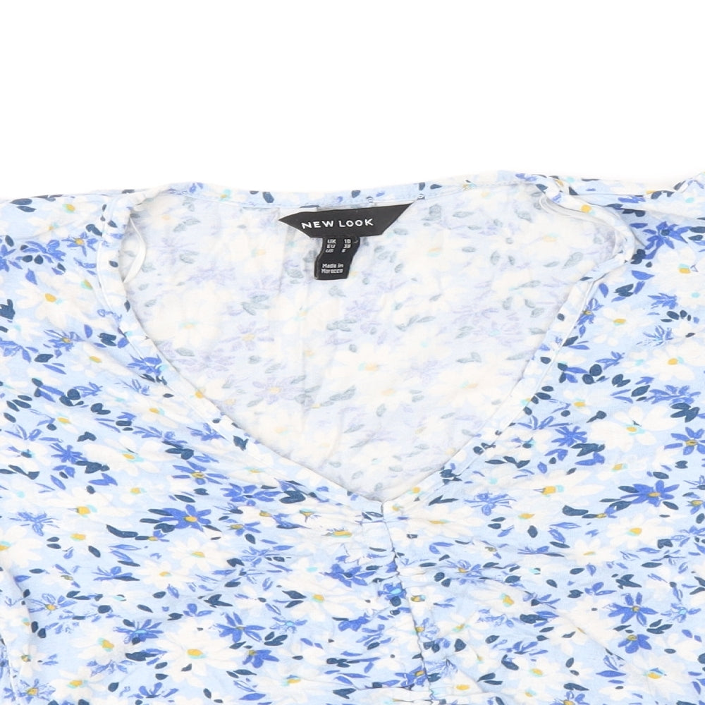 New Look Womens Blue Floral Viscose Cropped Blouse Size 10 V-Neck