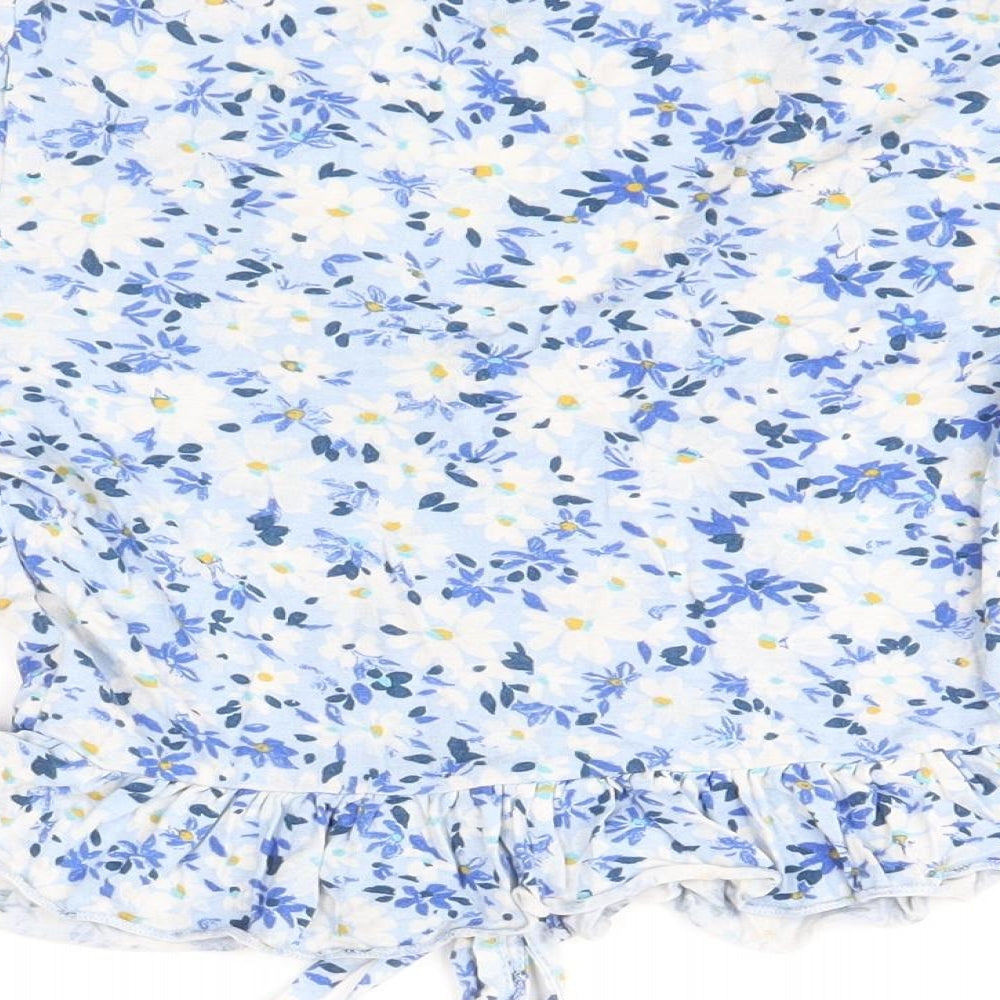New Look Womens Blue Floral Viscose Cropped Blouse Size 10 V-Neck