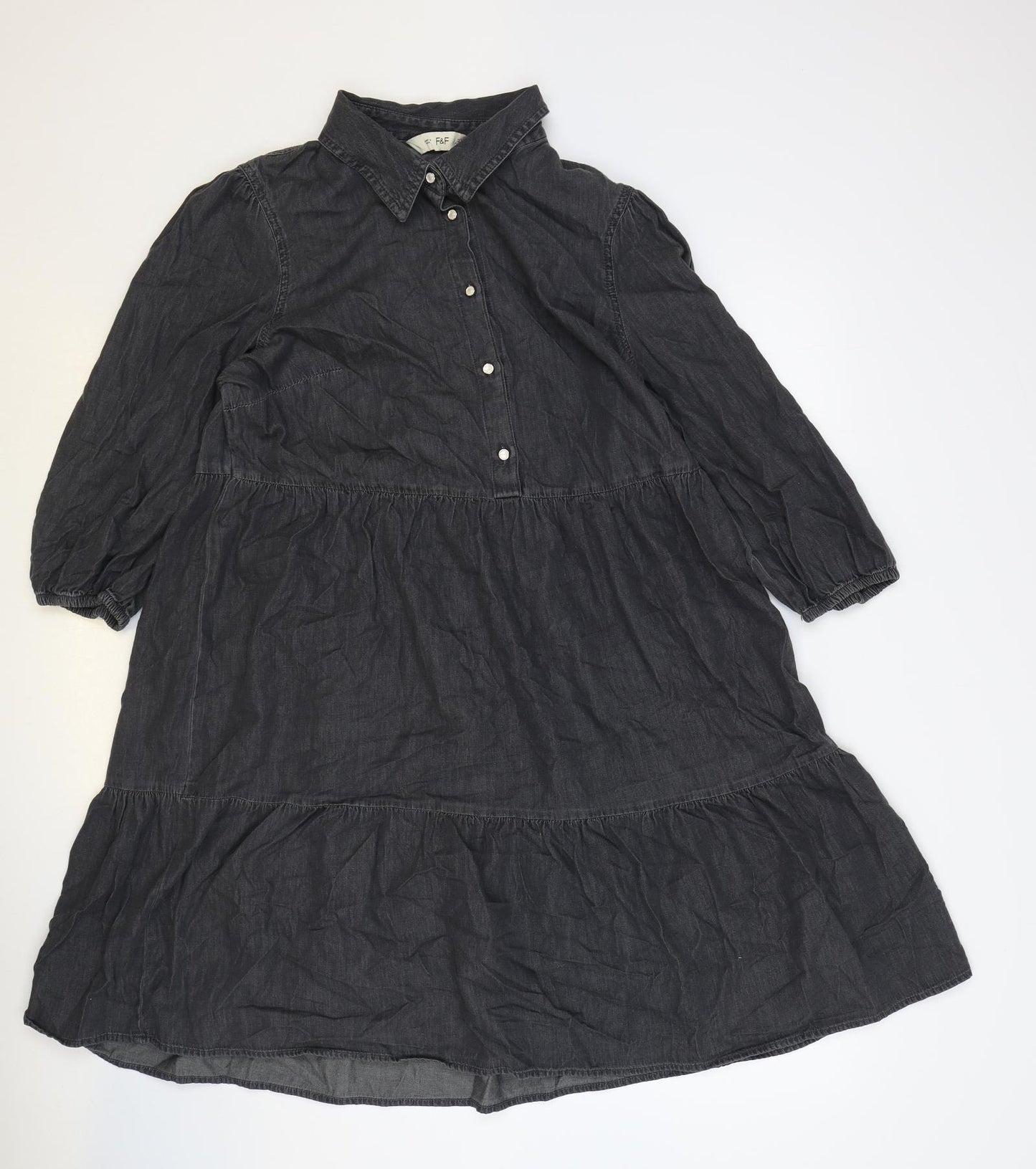 F&F Womens Black Herringbone 100% Cotton Shirt Dress Size 14 Collared Button