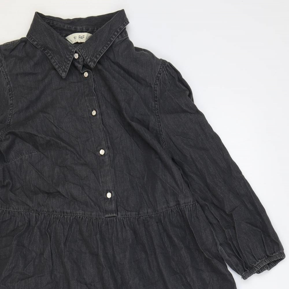F&F Womens Black Herringbone 100% Cotton Shirt Dress Size 14 Collared Button