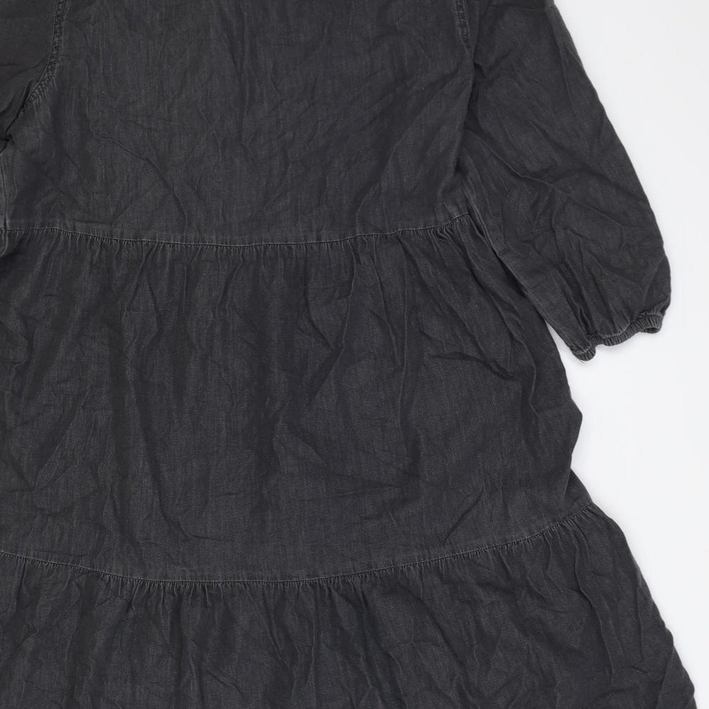 F&F Womens Black Herringbone 100% Cotton Shirt Dress Size 14 Collared Button