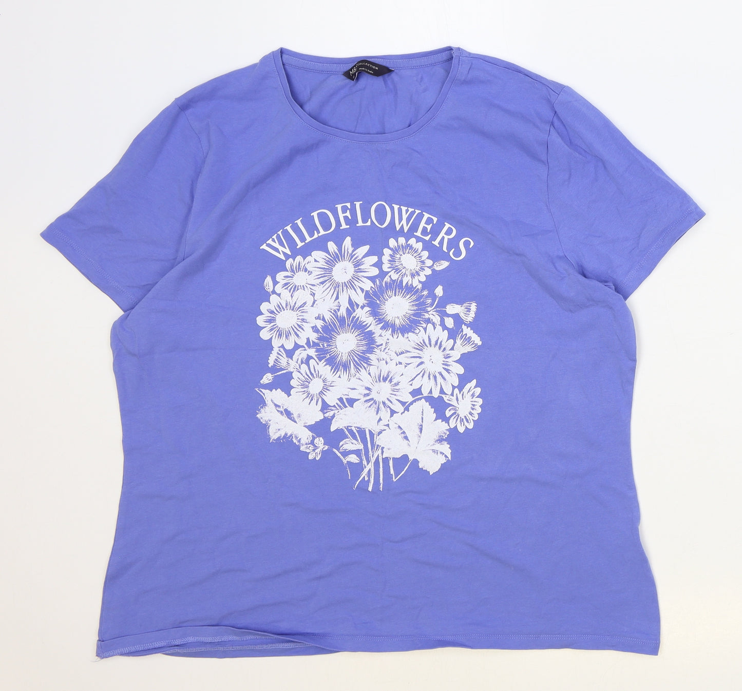 Marks and Spencer Womens Blue Cotton Basic T-Shirt Size 18 Scoop Neck - Wildflowers