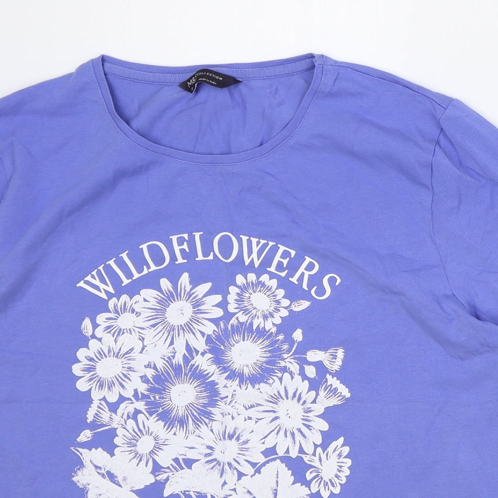Marks and Spencer Womens Blue Cotton Basic T-Shirt Size 18 Scoop Neck - Wildflowers