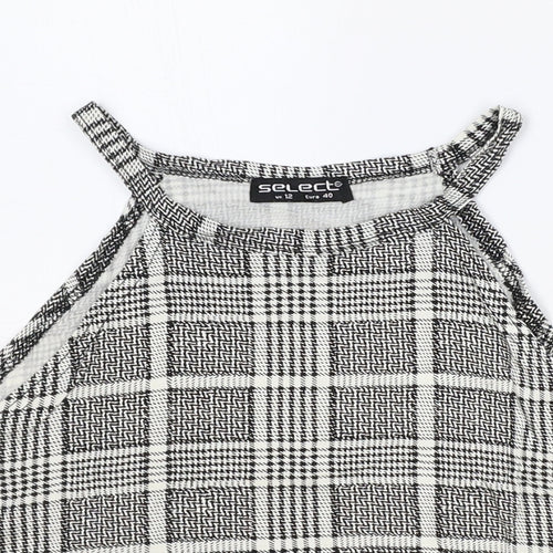 Select Womens Black Plaid Viscose Cropped Tank Size 12 Scoop Neck