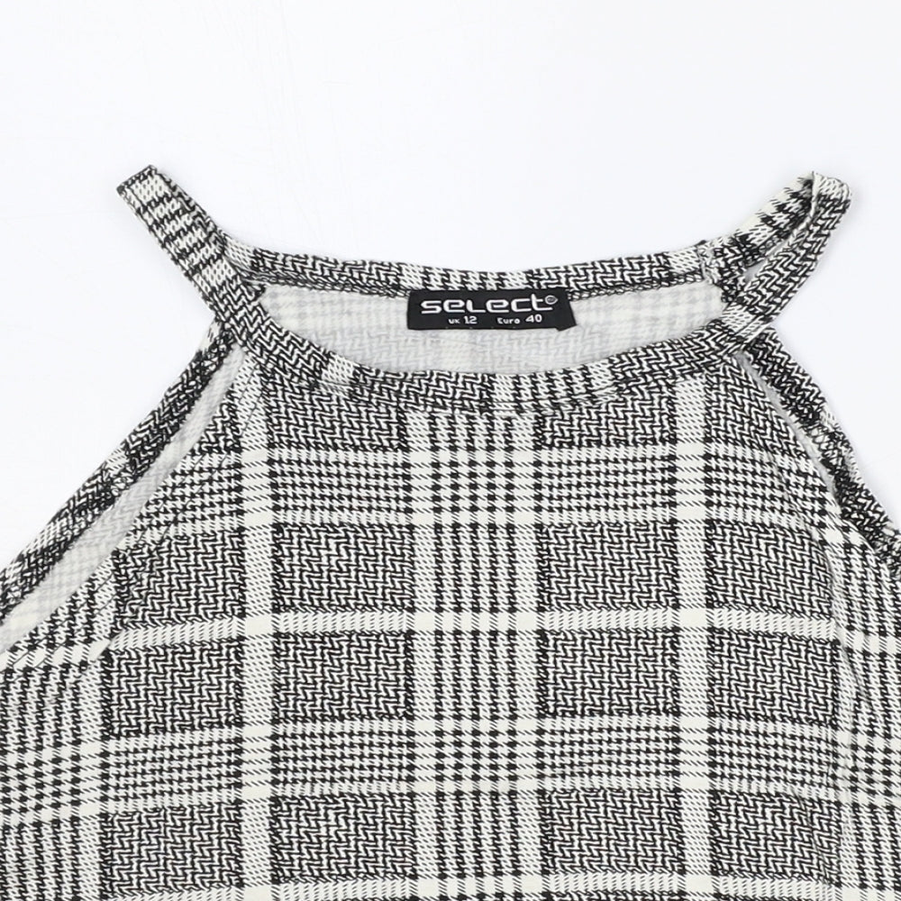 Select Womens Black Plaid Viscose Cropped Tank Size 12 Scoop Neck