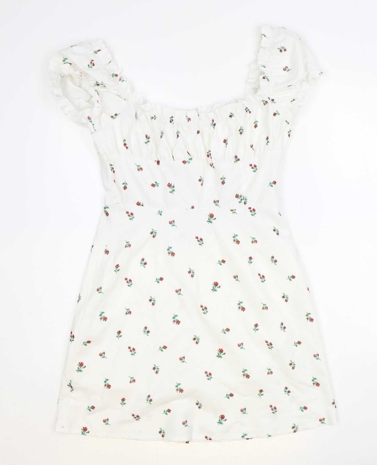 SheIn Womens Ivory Floral Polyester Mini Size S Square Neck Pullover