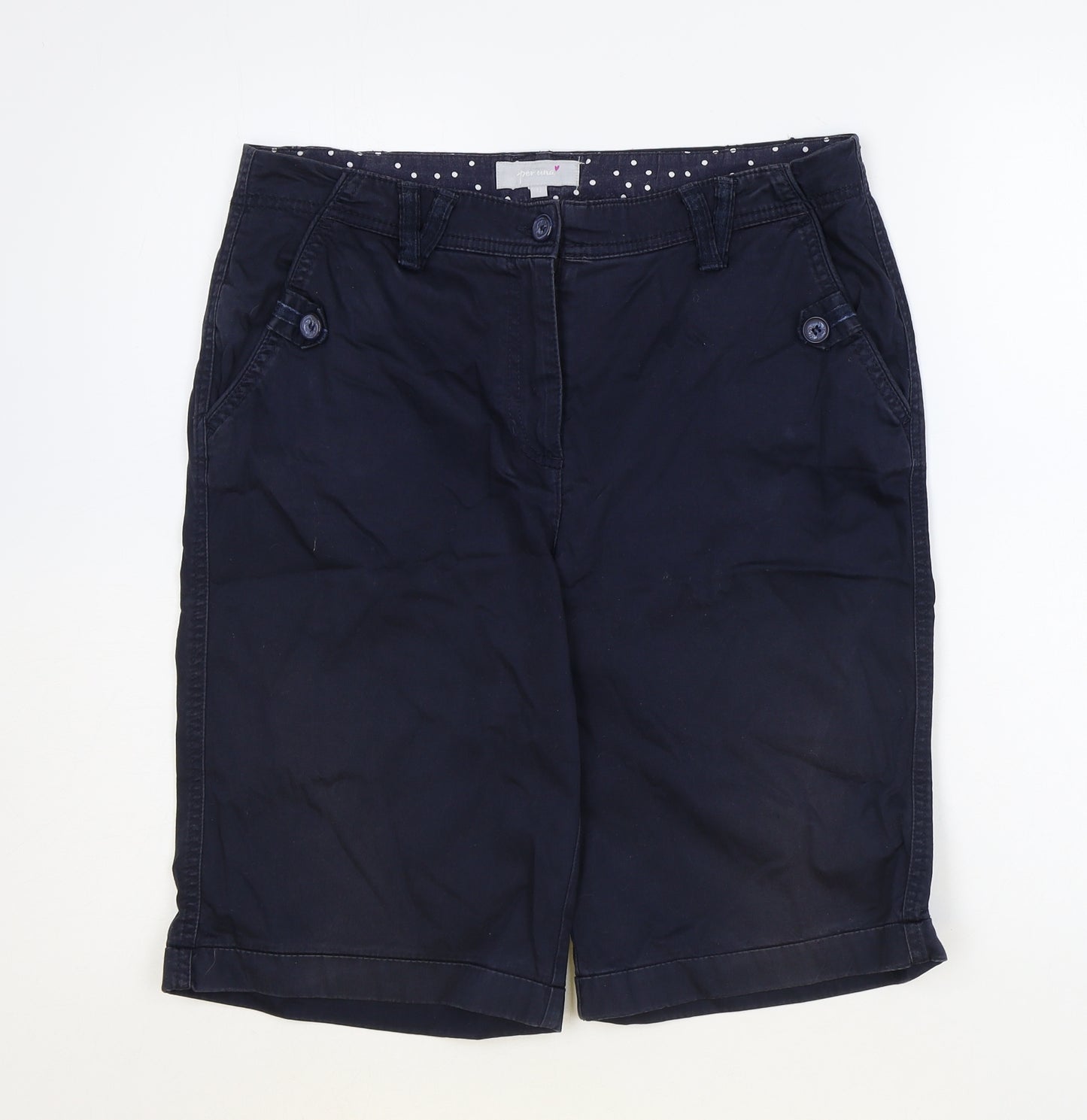 Marks and Spencer Womens Blue Cotton Chino Shorts Size 12 Regular Zip