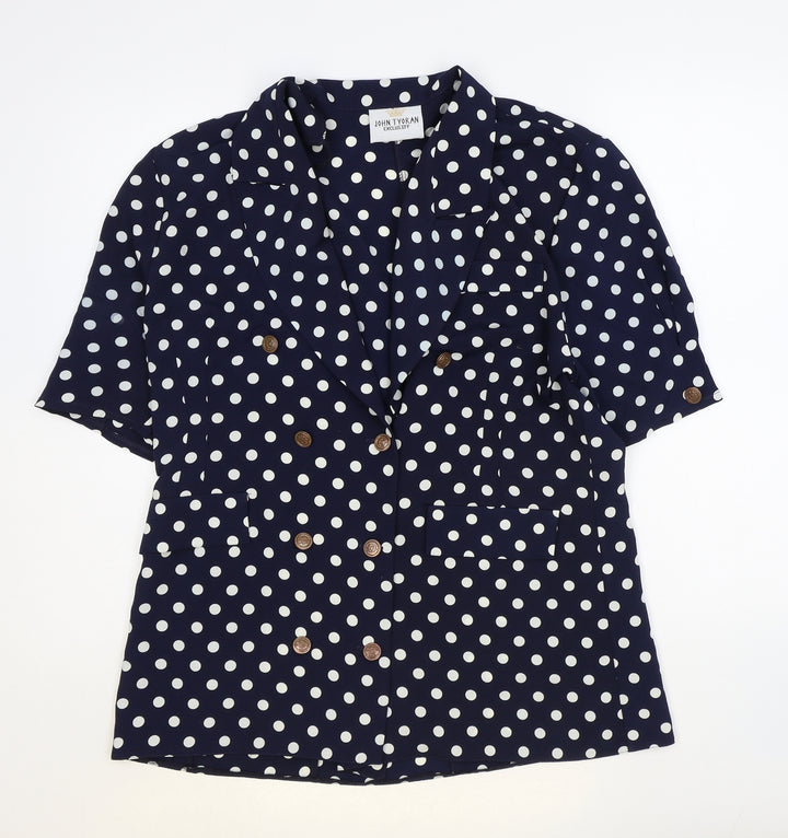 John Tyoran Womens Blue Polka Dot Polyester Basic Blouse Size 14 Collared