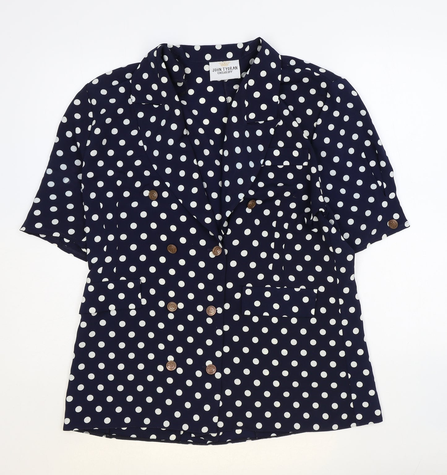 John Tyoran Womens Blue Polka Dot Polyester Basic Blouse Size 14 Collared
