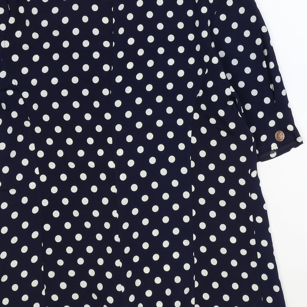 John Tyoran Womens Blue Polka Dot Polyester Basic Blouse Size 14 Collared