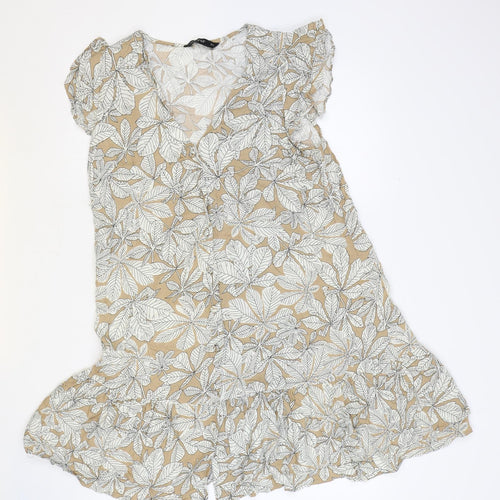 F&F Womens Brown Floral Viscose Trapeze & Swing Size 14 V-Neck Button