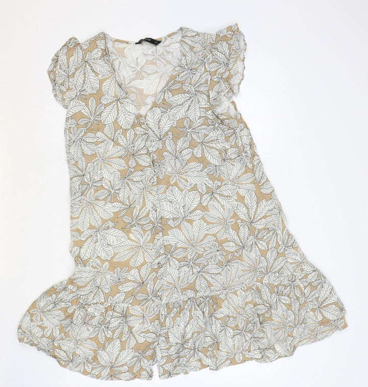 F&F Womens Brown Floral Viscose Trapeze & Swing Size 14 V-Neck Button
