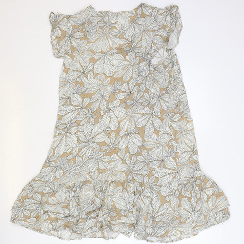 F&F Womens Brown Floral Viscose Trapeze & Swing Size 14 V-Neck Button
