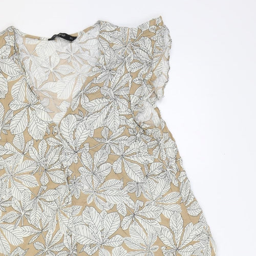 F&F Womens Brown Floral Viscose Trapeze & Swing Size 14 V-Neck Button
