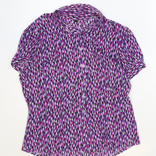 Preworn Womens Purple Geometric Polyester Basic Button-Up Size 12 Collared