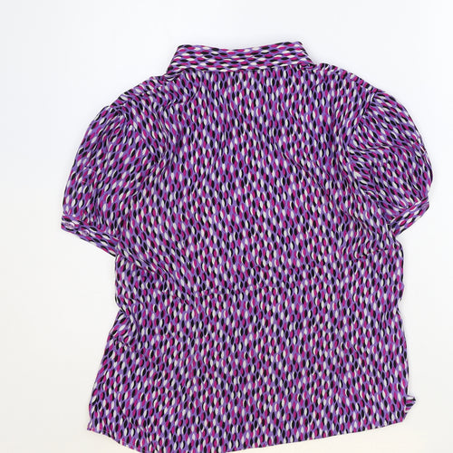 Preworn Womens Purple Geometric Polyester Basic Button-Up Size 12 Collared