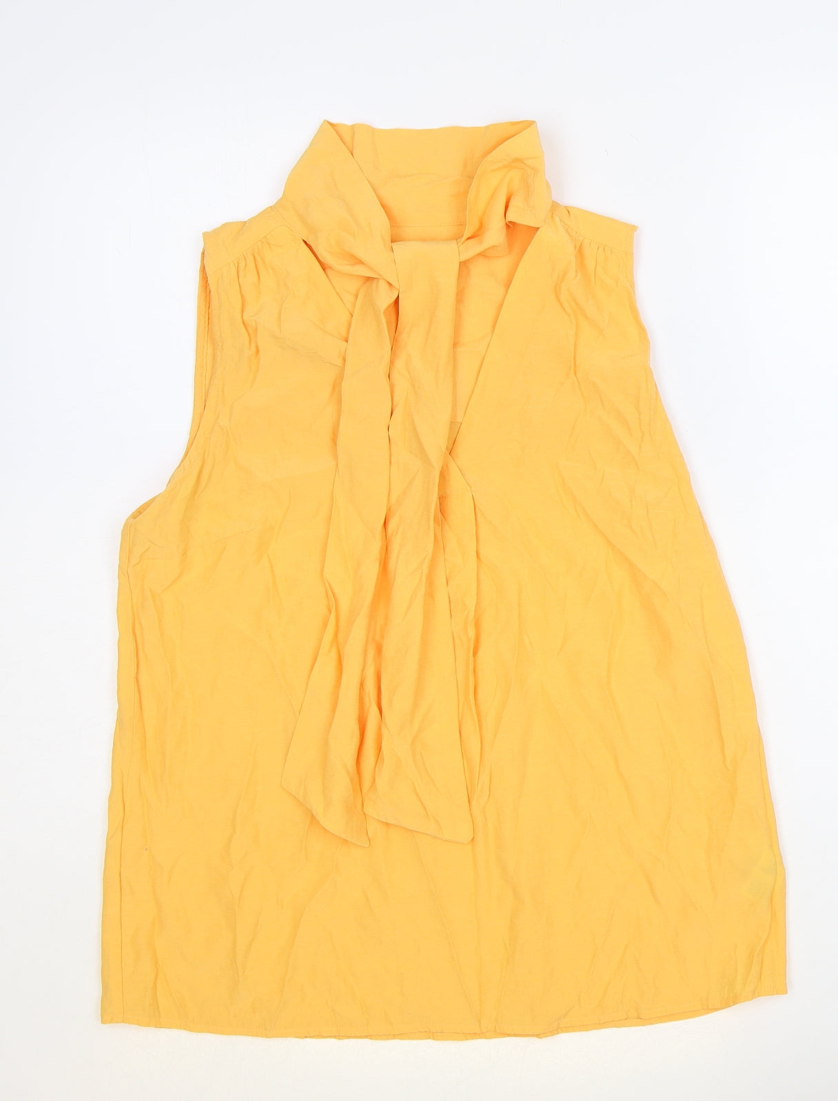Marks and Spencer Womens Orange Viscose Basic Blouse Size 12 V-Neck - Pussy Bow Tie Neck