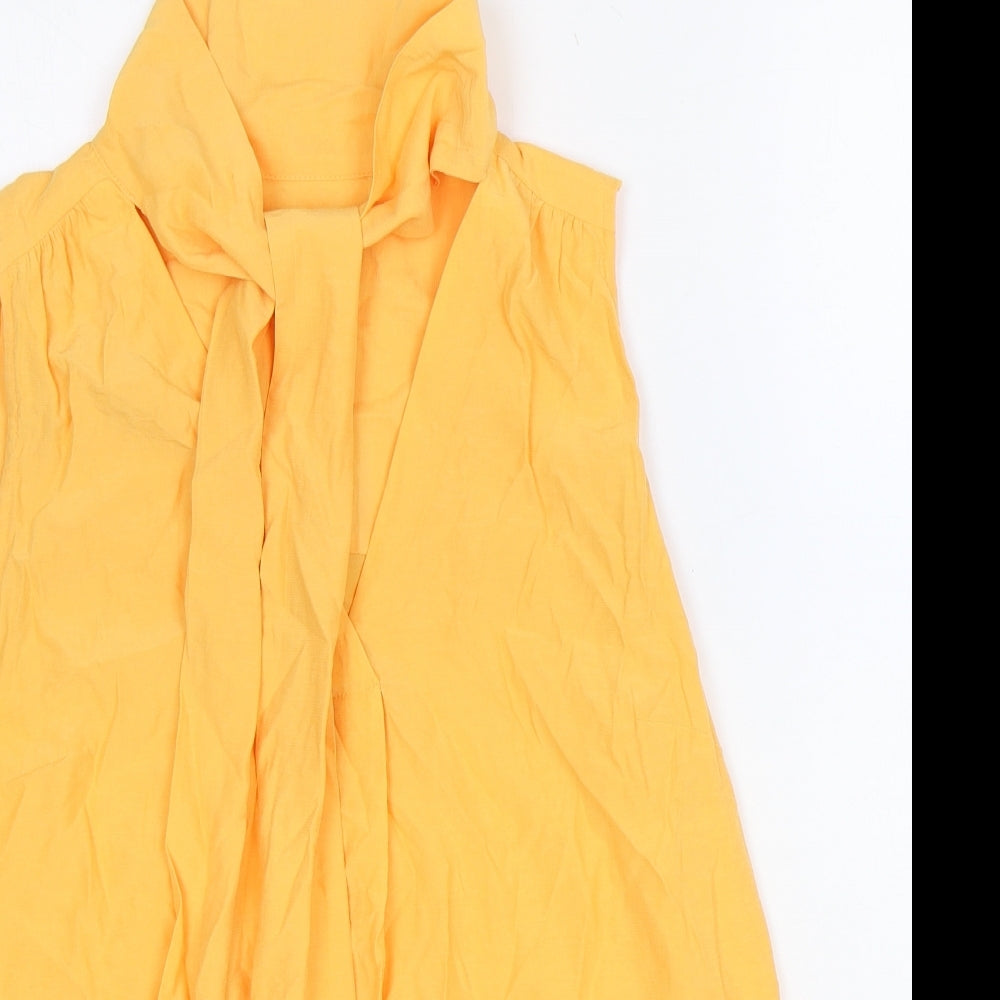 Marks and Spencer Womens Orange Viscose Basic Blouse Size 12 V-Neck - Pussy Bow Tie Neck