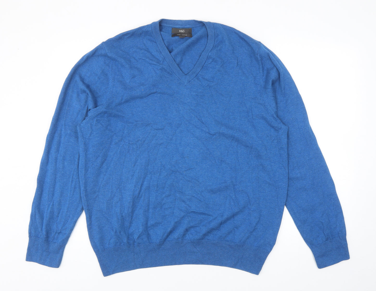 Marks and Spencer Mens Blue V-Neck Cotton Pullover Jumper Size XL
