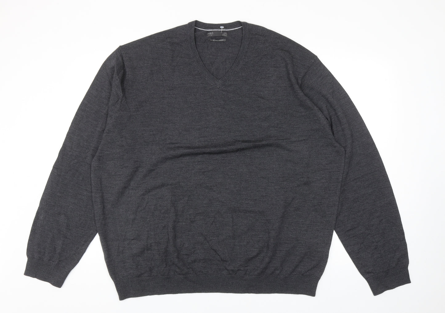 Marks and Spencer Mens Grey V-Neck Wool Pullover Jumper Size 4XL