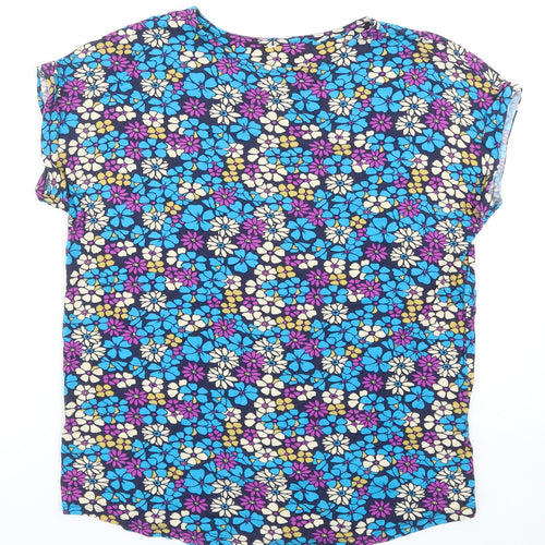 TU Womens Blue Floral Viscose Basic T-Shirt Size 8 Round Neck