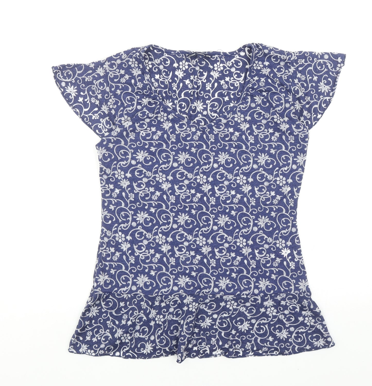 Store Twenty One Womens Blue Floral Viscose Basic T-Shirt Size 10 V-Neck