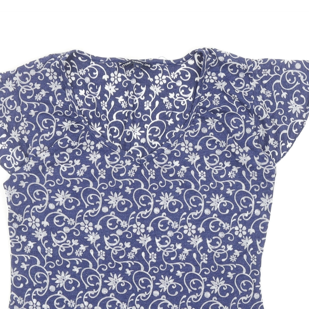 Store Twenty One Womens Blue Floral Viscose Basic T-Shirt Size 10 V-Neck