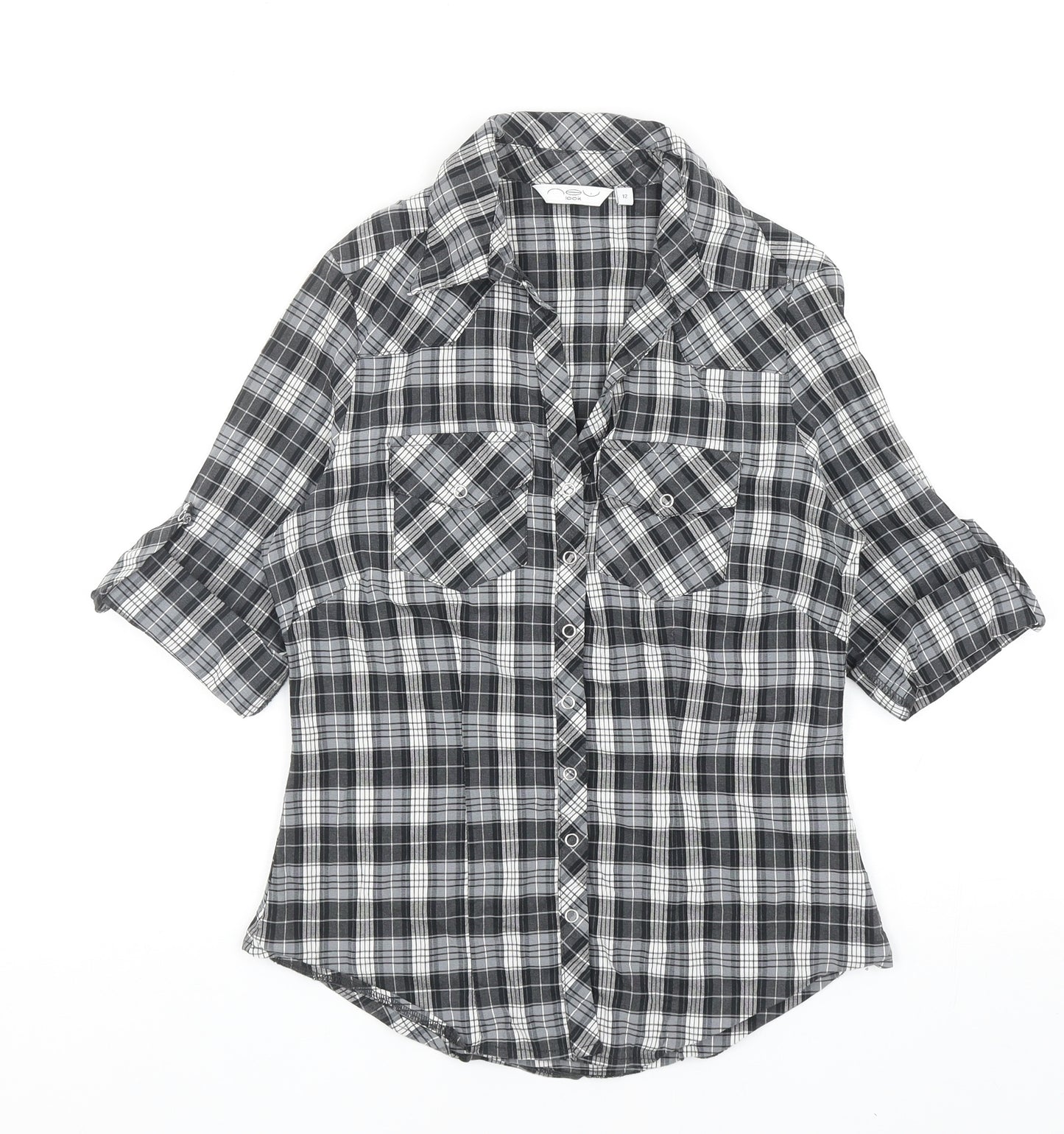 New Look Womens Grey Plaid Polyacrylate Fibre Basic Button-Up Size 12 Collared