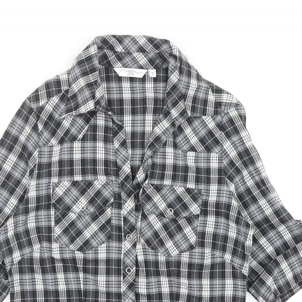 New Look Womens Grey Plaid Polyacrylate Fibre Basic Button-Up Size 12 Collared