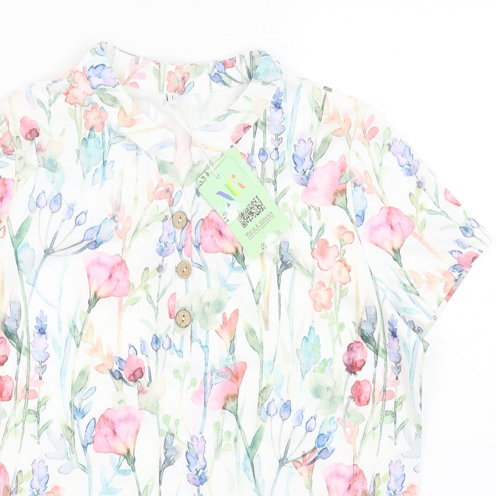 Maria & Gabriele Womens Multicoloured Floral Cotton Basic Blouse Size L V-Neck