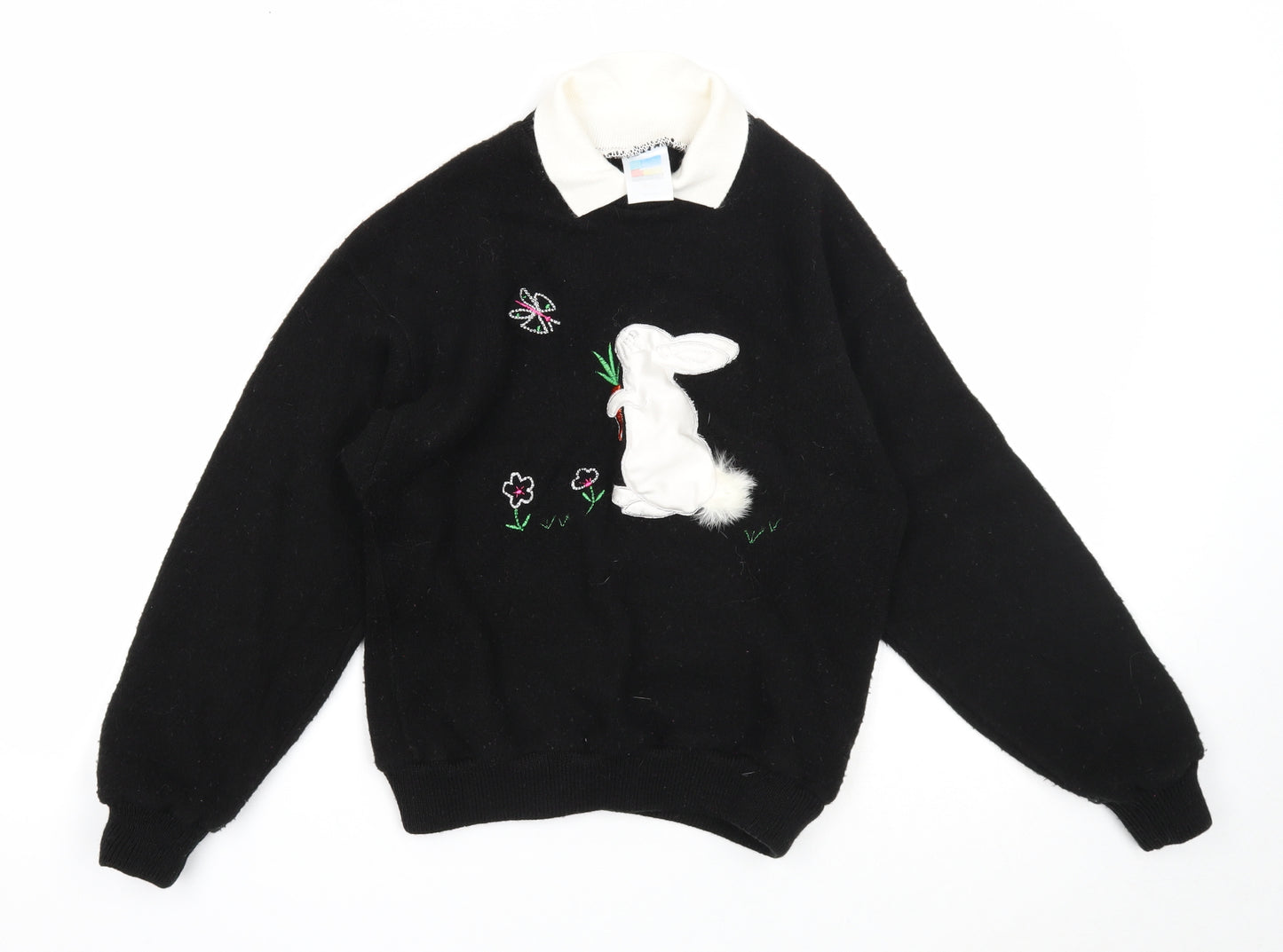 Preworn Girls Black Collared Acrylic Pullover Jumper Size 11-12 Years Pullover - Rabbit