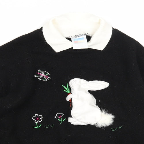 Preworn Girls Black Collared Acrylic Pullover Jumper Size 11-12 Years Pullover - Rabbit