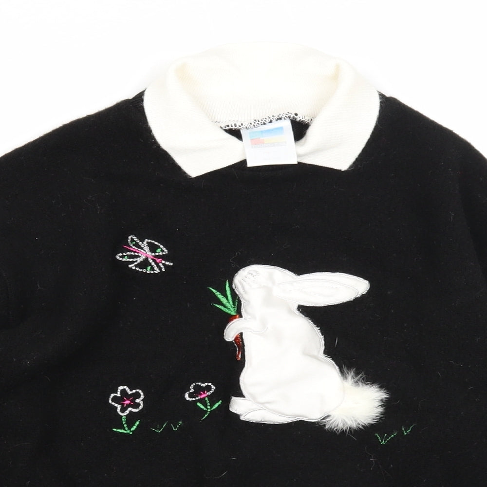 Preworn Girls Black Collared Acrylic Pullover Jumper Size 11-12 Years Pullover - Rabbit