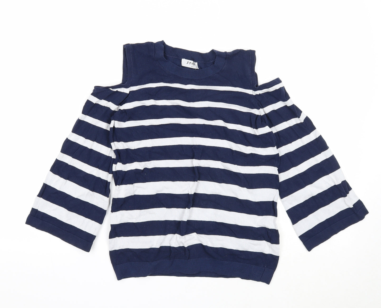 Soon Womens Blue Round Neck Striped Viscose Pullover Jumper Size 8 - Cold Shoulder
