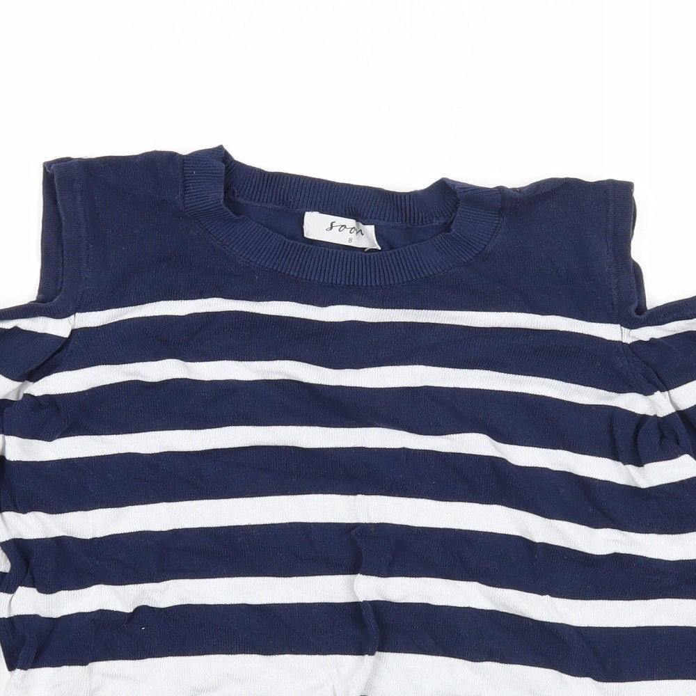 Soon Womens Blue Round Neck Striped Viscose Pullover Jumper Size 8 - Cold Shoulder