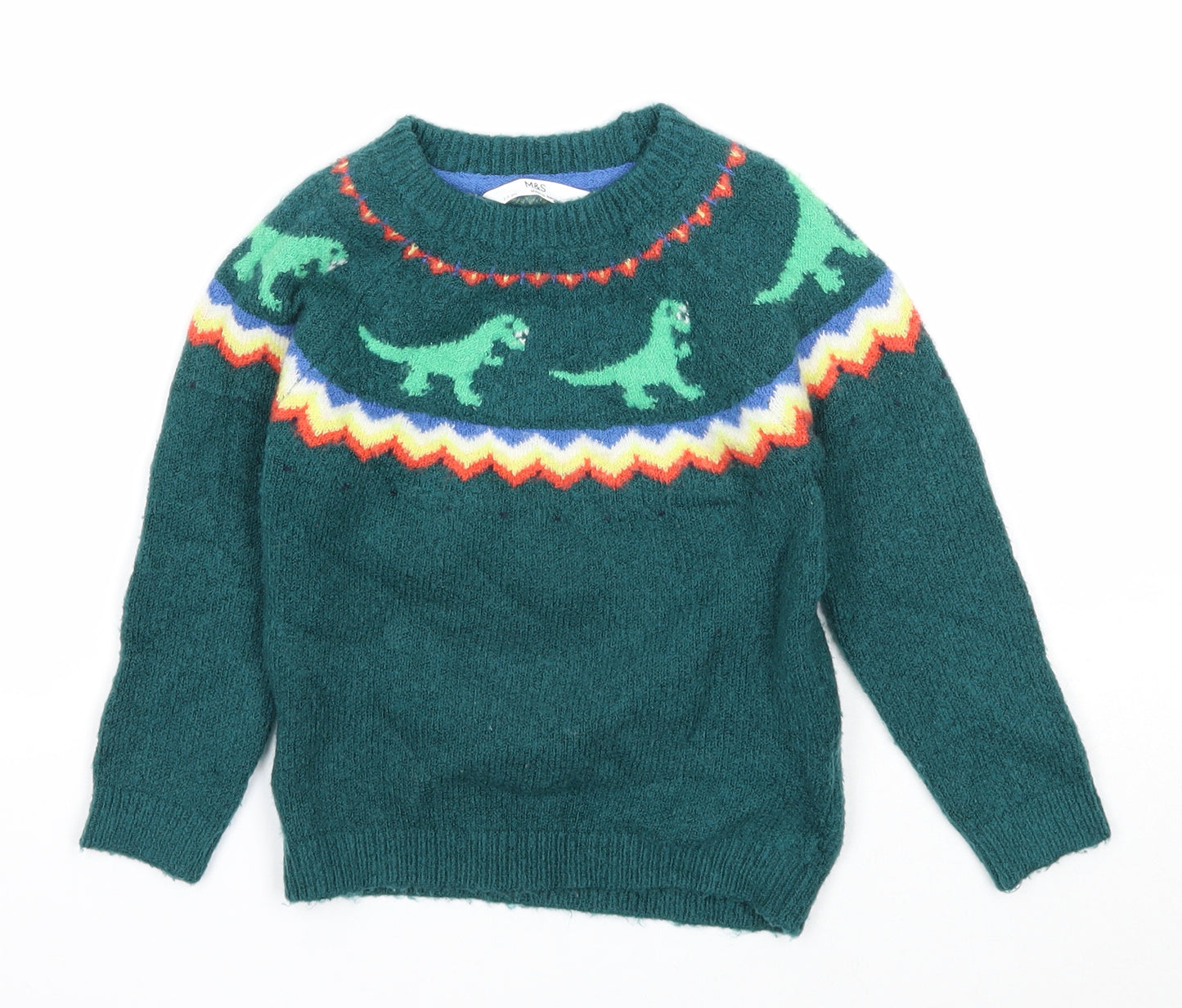 Marks and Spencer Boys Green Round Neck Acrylic Pullover Jumper Size 2-3 Years Pullover