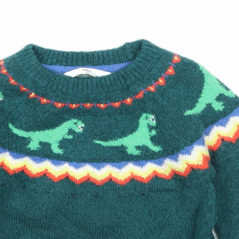 Marks and Spencer Boys Green Round Neck Acrylic Pullover Jumper Size 2-3 Years Pullover
